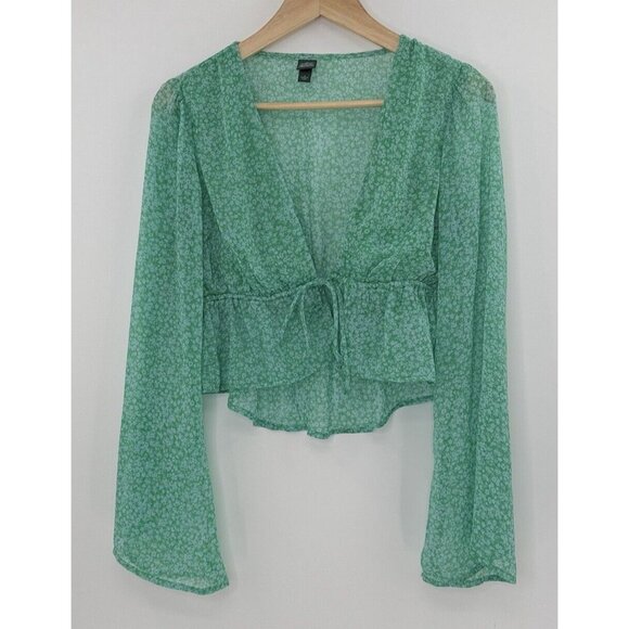 Wild Fable Microfloral Bell Sleeve Sheer Crop‎ Top Blouse Sz Sm, Boho, Hippie - Picture 1 of 8